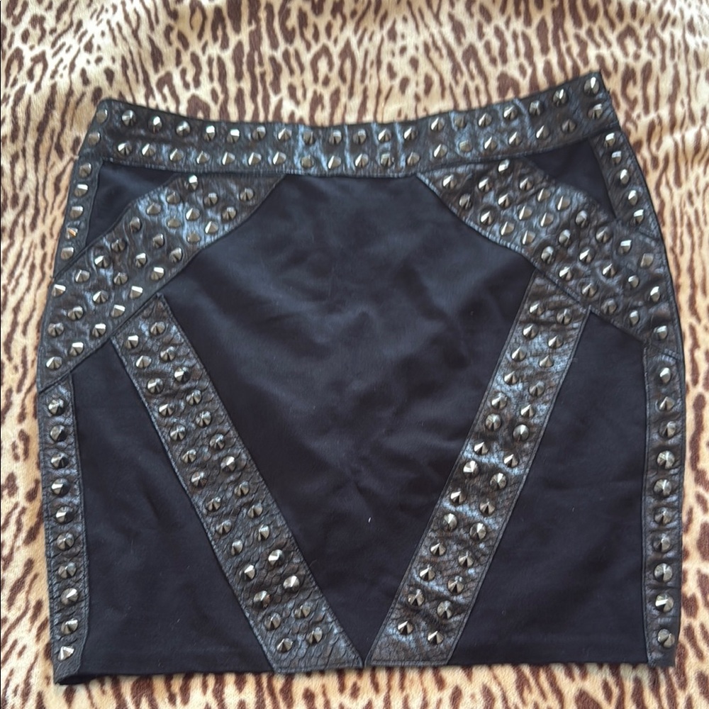 Haute Hippie Black Mini Skirt with Leather and Studded Details
